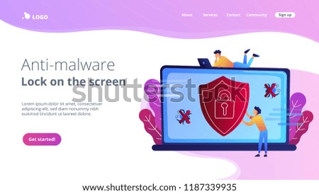 A man before laptop with shield and lock on the screen. Anti virus software, anti-malware, spyware, trojan, adware as internet security concept. Violet palette. Website landing web page template.