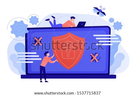 A man before laptop with shield and lock on the screen. Anti virus software, anti-malware, spyware, trojan, adware as internet security concept. Violet palette. Pink coral blue vector illustration on