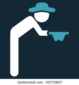 Man Beggar vector icon. Style is bicolor flat symbol, blue and white colors, rounded angles, dark blue background.