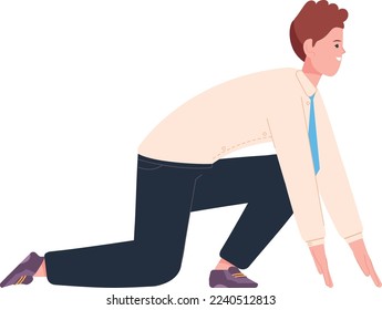 El hombre empieza a correr. Trabajador corporativo listo para la competencia aislado en fondo blanco