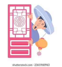 Man behind asian door, flat style illustration 