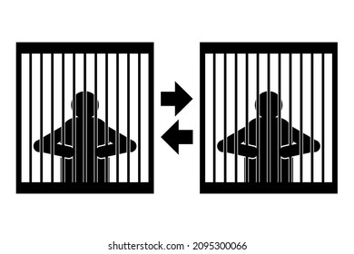 Man behind bars, prison and detention, two arrows, black sign on white background, vector illustration