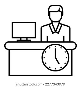 Man behind computer desk line icon. Simple outline style. Person, work, lcd monitor, table, chair, seat, clock, office hour, workplace concept. Vector illustration design logo symbol.