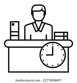 A man behind computer desk line icon. Simple outline style. Person, work, document folder, table, chair, seat, clock, office hour, workplace concept. Vector illustration design logo symbol.