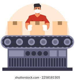 Un hombre detrás de un transportador está empacando cajas. Gráficos vectoriales