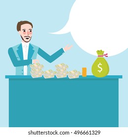 man behind counter talk show about money cash on table