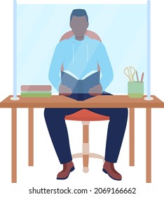 Man behind desk protector screen semi flat color vector character. Sitting figure. Full body person on white. Safety isolated modern cartoon style illustration for graphic design and animation