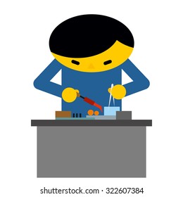 Man behind desk repairs electronic equipment. Engineer in workplace. Chinese factory at work.