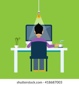 Man Behind the DeskWorking Freelance Flat Vector Illustration In Bright Colorful Simplified Infographic Style 