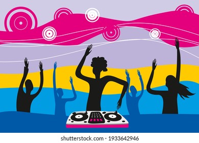The man is behind the DJ console. Disco club, party. Silhouettes of people dancing to the music. Flat graphics.