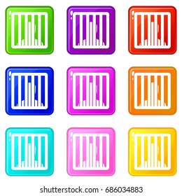 Man behind jail bars icons of 9 color set isolated vector illustration