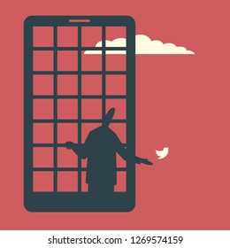 A man behind the jail bars as a smartphone screen lets the bird go. Smartphone addiction concept illustration.