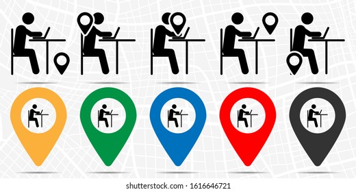 A man behind the laptop icon in location set. Simple glyph, flat illustration element of people theme icons