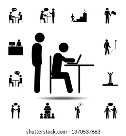 a man behind the laptop icon. Simple glyph, flat vector element of People icons set for UI and UX, website or mobile application