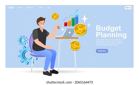 Man behind a laptop. Making money. income graph analysis. budget planning. Earning money on the Internet. Lady sit at Desk with computer in office. Female Manager and boss. Cartoon flat illustration.