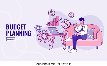 Man behind a laptop. Making money. income graph analysis. budget planning. Earning money on the Internet. Lady sit at Desk with computer in office. Female Manager and boss. Cartoon flat illustration.
