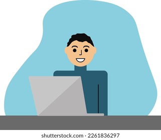 Man behind a laptop, vector. Happy man is sitting at a table with a laptop.