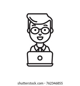Man behind laptop vector illustration. Smiling businessman in glasses working behind computer. Modern flat outline vector icon