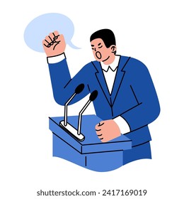 El hombre detrás del podio está llevando a cabo polémicas o agitación. Debate político de los candidatos a las elecciones. Ilustración vectorial sobre un tema social.
