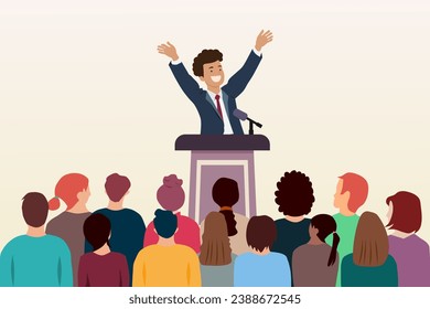 Man behind podium during stage speech. Orator with audience. Public speaking. Vector illustration.