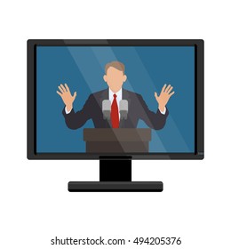 The man behind the podium on the monitor screen. Vector illustration of flat