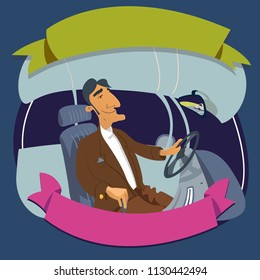 Man behind the wheel illustration. Vector illustration isolated on background.