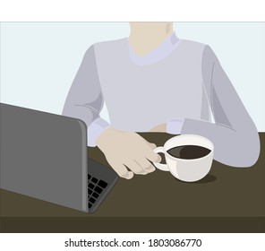 hombre detrás de trabajos en la computadora y bebe café