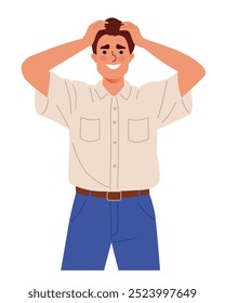 Hombre con camisa beige y pantalones azules se para con las manos en la cabeza, mirando sorprendido o estresado. El fondo es liso, enfatizando la expresión de la figura. Ilustración vectorial plana de dibujos animados