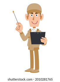 A man in beige work clothes explaining with materials and a pointer
