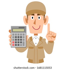 A man in beige work clothes showing and explaining a calculator