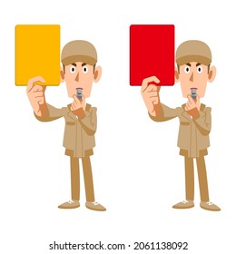 Un hombre vestido con ropa de trabajo beige que muestra una tarjeta amarilla y una roja