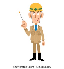 A man in a beige workwear wearing a helmet with a pointing stick