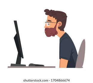 Man Being Bored with His Job, Lazy Employee Working with Computer Procrastinating at Workplace, Unmotivated or Unproductive Worker Character, Side View Vector Illustration