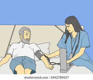 Mann wird zu Hause von einer privaten asiatischen Krankenschwester betreut, die an Alzheimer leidet, um sich eng um ältere Patienten zu kümmern, mit Kopierraum auf der linken Seite