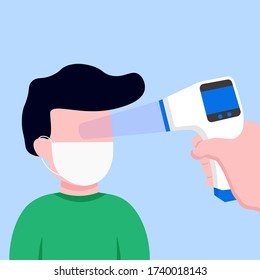 se está comprobando la temperatura corporal de un hombre con una ilustración vectorial de infrarrojos termómetro