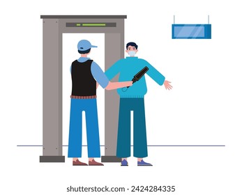 Man being checked by security personnel at the airport for entry, procedure. Character design. Vector flat illustration