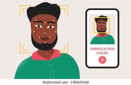 Man being checked via smartphone face identification technology and the verification is failed. Facial recognition system. Security scanning frame and dots