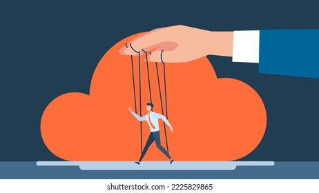 Man being controlled by puppet master. Business manipulator concept. Boss puppet abuse manipulations, employer domination exploitation, dictator control, authority manipulator. Vector illustration