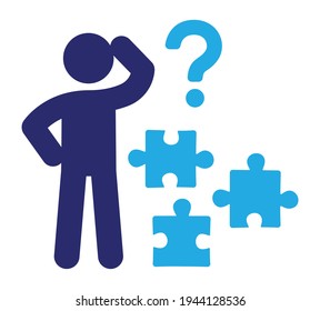 Man being dizzy and confused to unite or connect a puzzle pieces. Concept problems and solutions, think, brainstorm flat icon vector illustration.