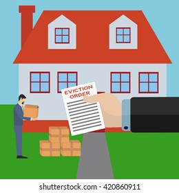 man being evicted from his home by big bank business holding eviction order vector concept