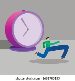 Man being late is running somewhere. Illustration with clocks and a runner in flat style.