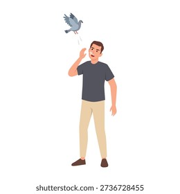 Man Being Pooped On by a Bird. Flat vector illustration isolated on white background
