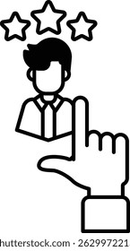 A man is being rated by a hand with three stars. The hand is pointing down, indicating a negative rating