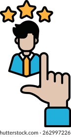 Un hombre está siendo calificado por una mano con tres estrellas. La mano está apuntando hacia abajo, indicando una calificación negativa