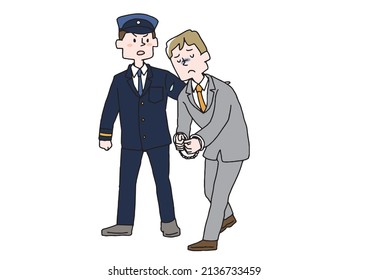 A man being taken to the police, a comical handwritten person, a vector, a simple coloring of a line drawing.
