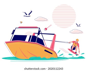 Hombre remolcado por un cartón de motociclismo, ilustración vectorial plana. Wakeboard, deporte acuático extremo. Club de Wakeboard. Deporte y recreación.