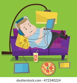Man with belly relaxing on a sofa with many gadgets. Man lying on a sofa surrounded by gadgets and fast food. Fat man using gadgets at home. Vector flat design illustration. Square layout.