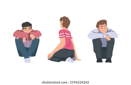 Man with Bended Knees Sitting on the Floor Feeling Calm Vector Set