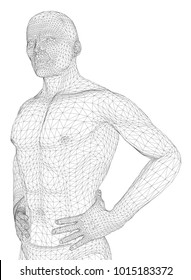 The man is bending his hands on his belt. The person of the athletic constitution expects or is relaxed. Vector illustration of a black lines on a white background.