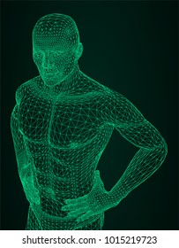 The man is bending his hands on his belt. The person of the athletic constitution expects or is relaxed. Vector illustration of a black lines on a white background.